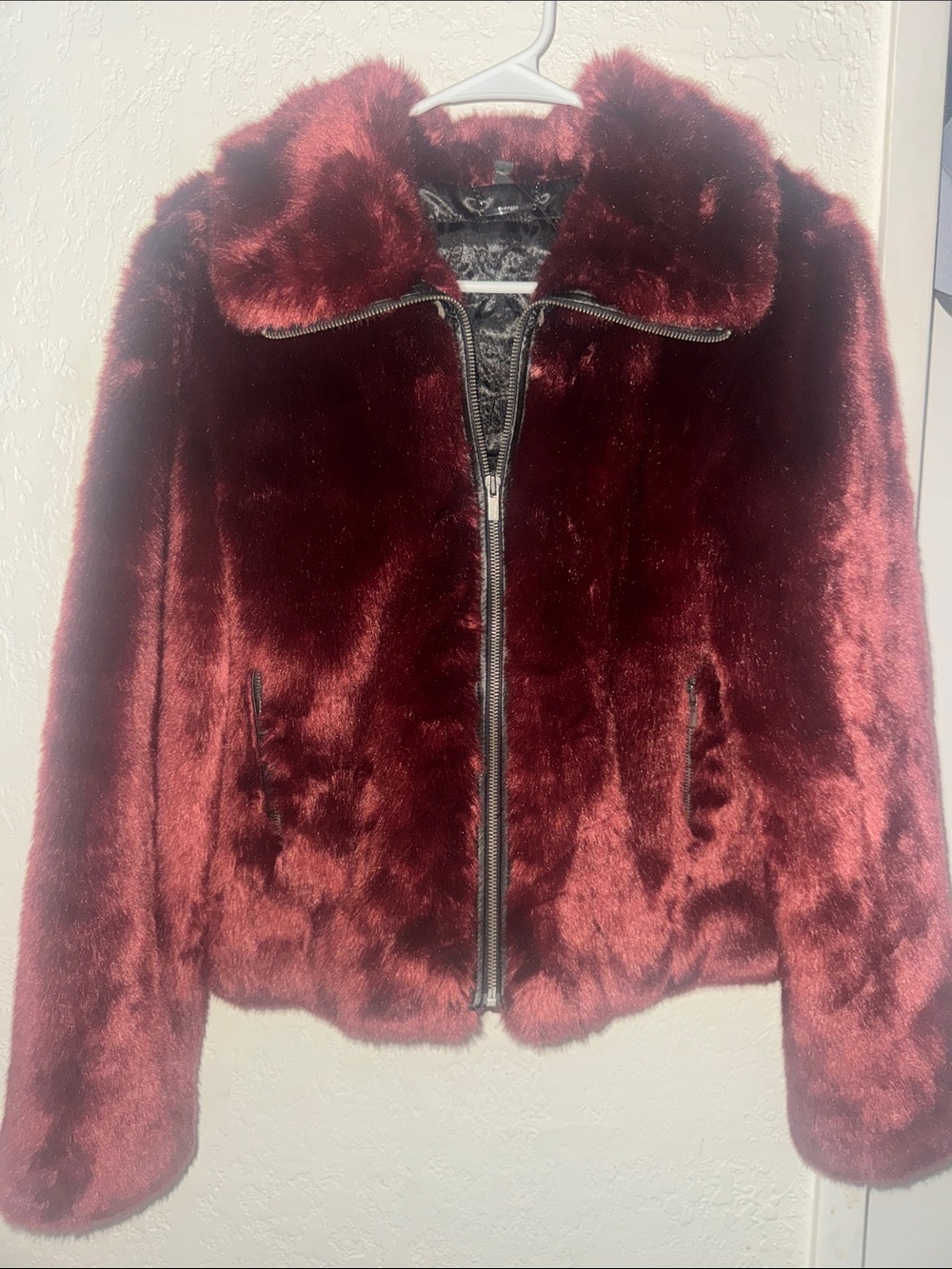 Express Burgundy Faux Fur Zip Teddy Jacket